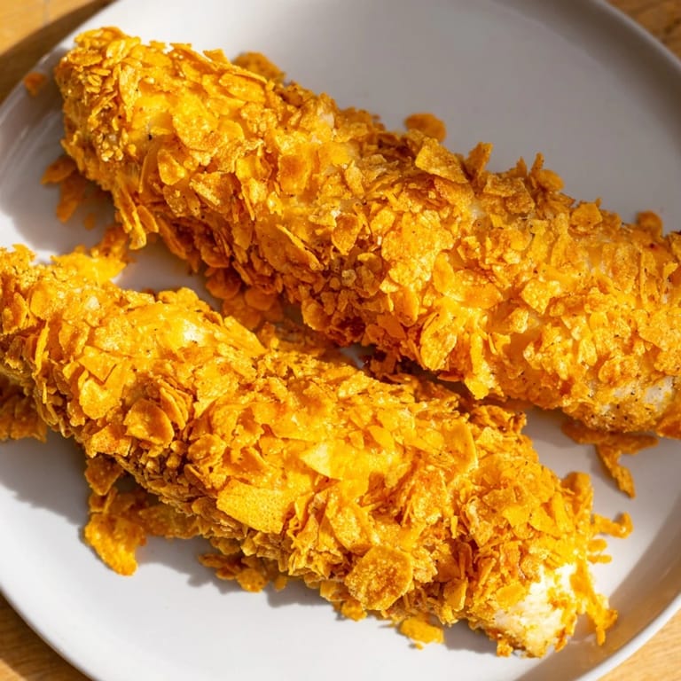 Close-up of freshly cooked onion chip chicken tenders, featuring a crunchy chip coating.