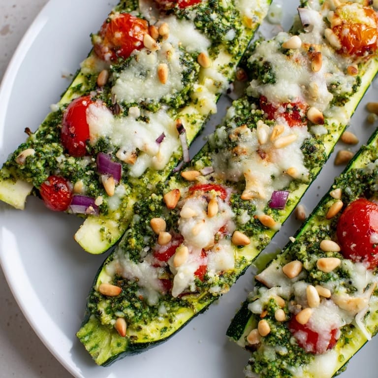 Melting mozzarella atop flavorful cheesy pesto zucchini boats, a delicious vegetarian recipe bursting with fresh flavors.