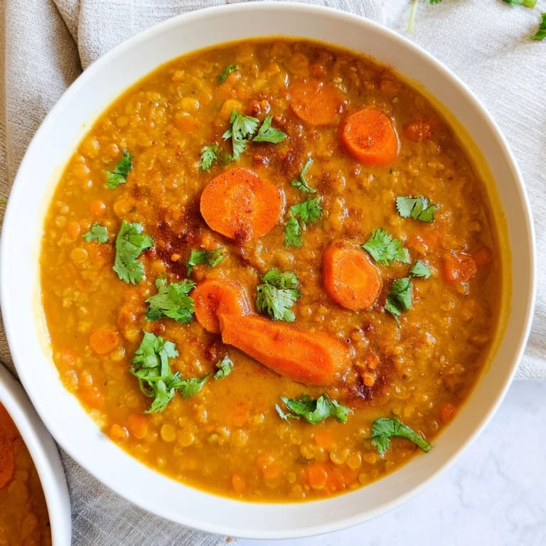 A close-up shot of a comforting, flavorful Spiced Carrot Lentil Soup, perfect for a cozy dinner.
