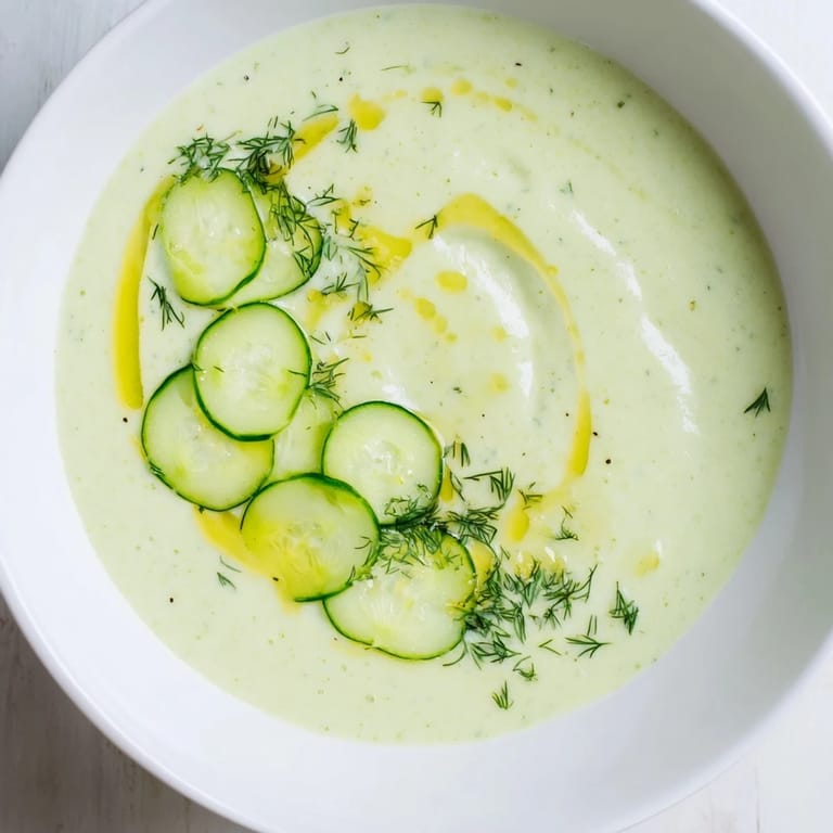 A vibrant bowl of chilled cucumber garlic soup, blended until smooth and ready to refresh.