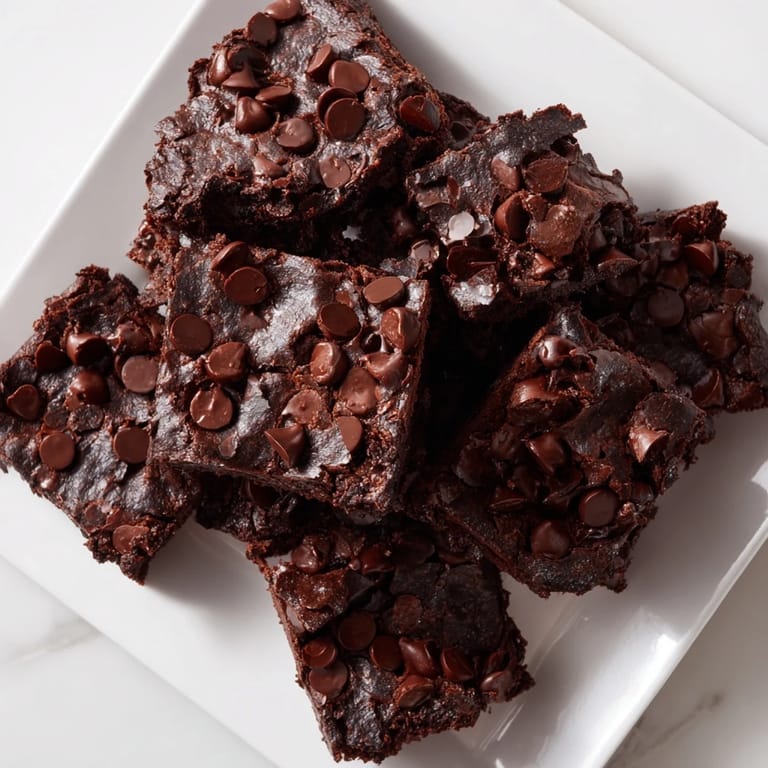 A close-up of decadent Greek yogurt brownies, showing a moist, rich texture with scattered chocolate.