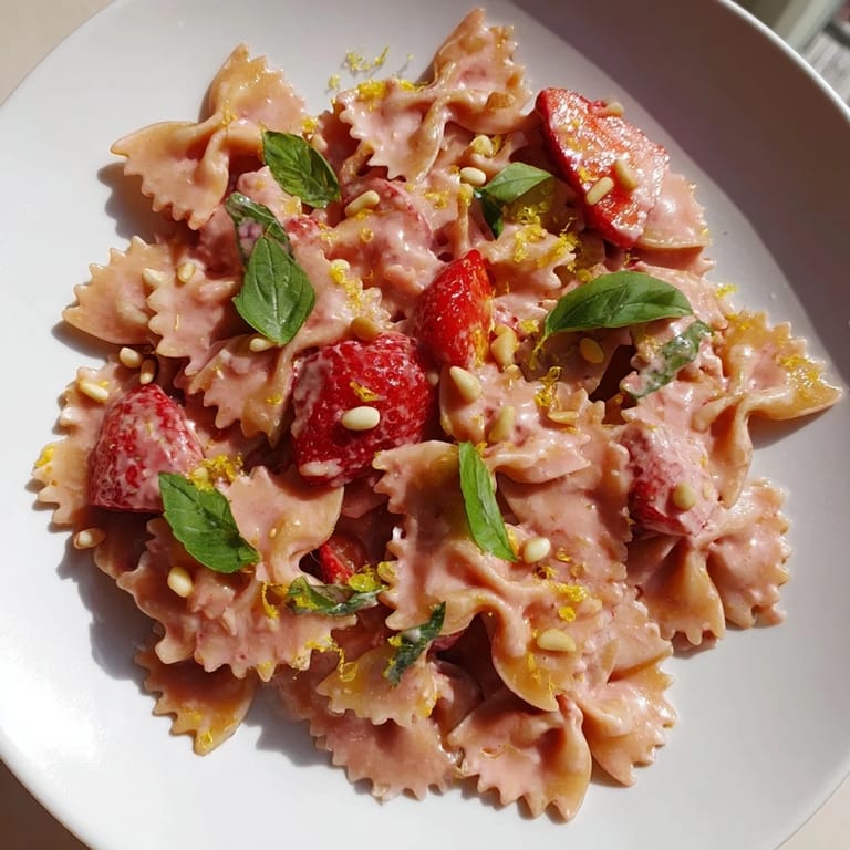 Perfectly cooked pasta coated in a luscious Strawberry Sour Cream sauce, ready to serve and enjoy.