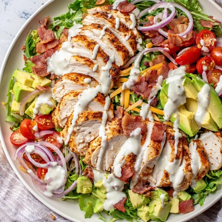This delicious Crispy Bacon Chicken Salad showcases golden chicken, salty bacon bits, and colorful vegetables, perfect lunch.