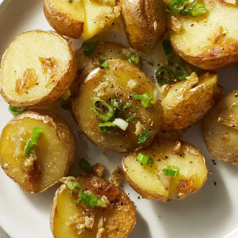 Rustic Smashed Green Onion Potato Bombs glistening with scallion oil, ready to serve, a vegetarian delight.