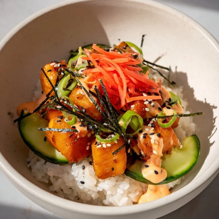 Vibrant salmon bites bowl, showcasing perfectly cooked salmon with fresh veggie toppings and creamy sauce.