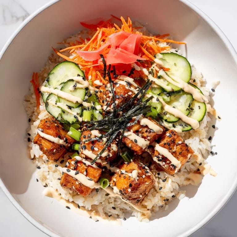Appetizing photo of a loaded salmon bites bowl, ready to devour with a spicy, delicious sauce.