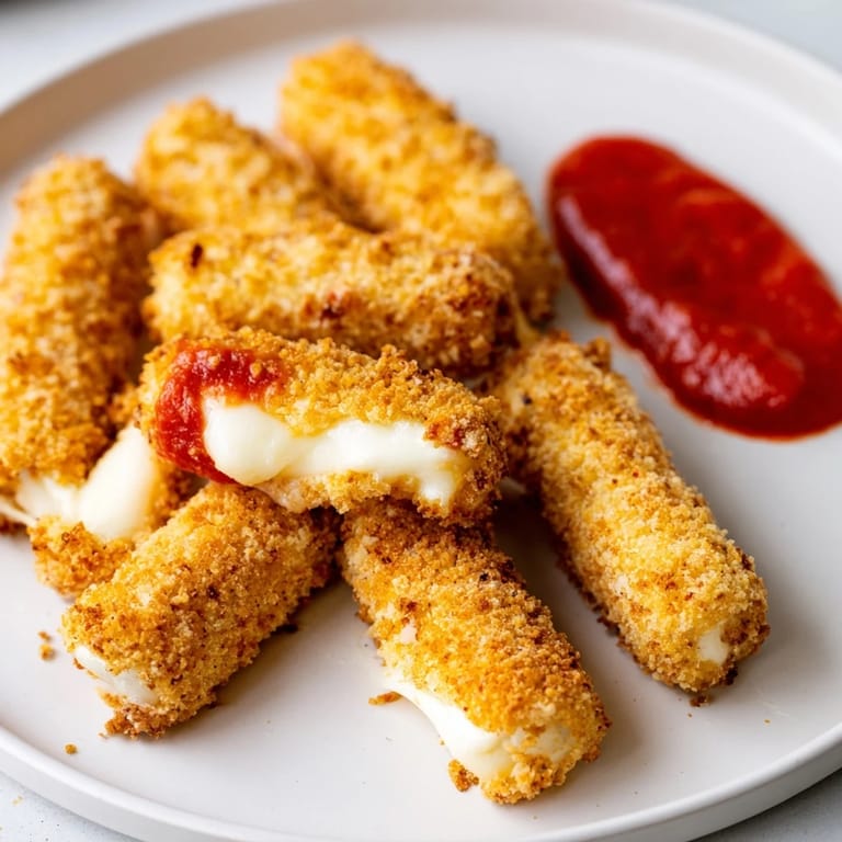 A close-up view of perfectly browned air fryer mozzarella sticks, perfect for sharing as an appetizer.