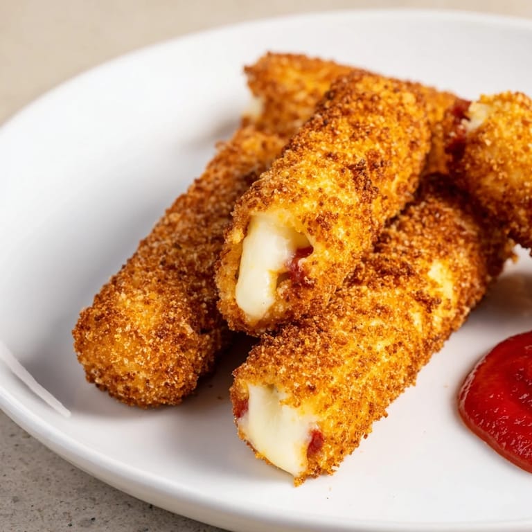 Freshly cooked air fryer mozzarella sticks served warm, promising a deliciously cheesy and crunchy bite.