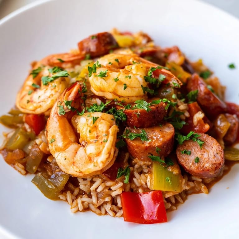 Close-up of a delicious and hearty jambalaya skillet, brimming with flavorful spices and fresh parsley garnish.