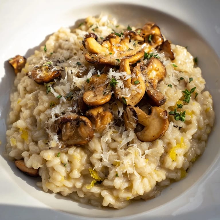 A steaming plate of homemade risotto with mushrooms, ready to serve with Parmesan.