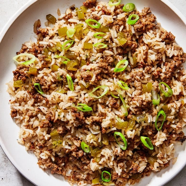Cajun Dirty Rice: A close-up view of the flavorful rice dish with hearty textures and spices.