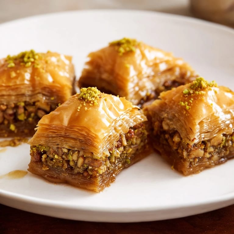 Close-up of toasted, nutty Turkish baklava, soaked in honey, perfect for a satisfying, rich bite.