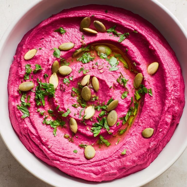 Creamy, homemade Beet Hummus, a beautiful pink dip, ready to be served with pita bread and fresh parsley for dipping.