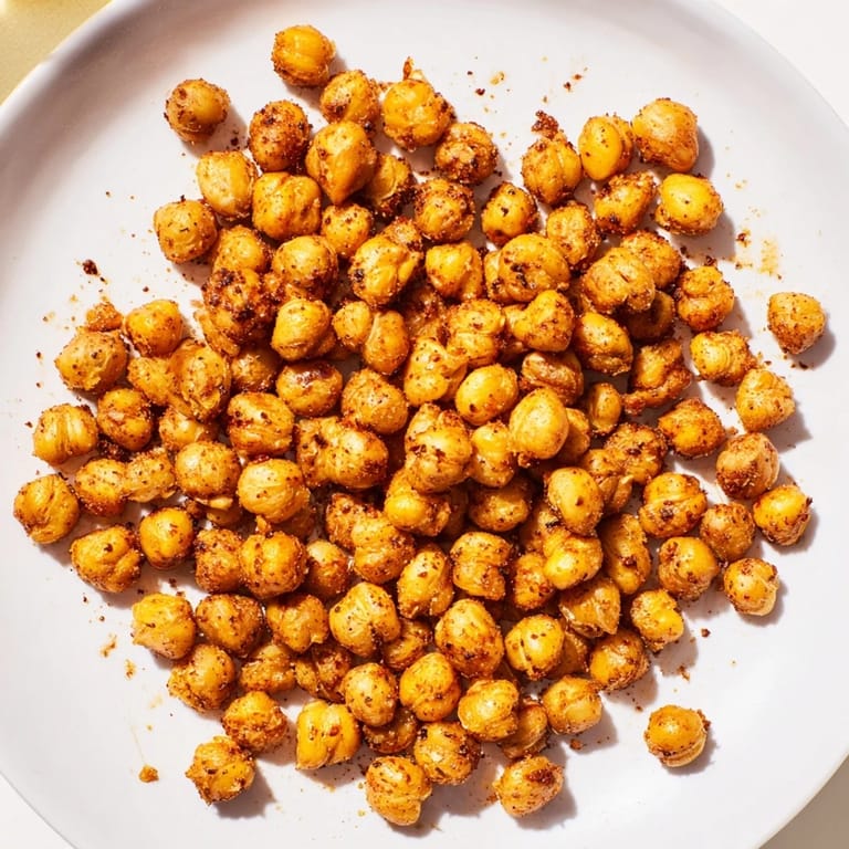A close-up of flavorful Crispy Chickpea Snack, showing the crunchy texture and vibrant spice coating.