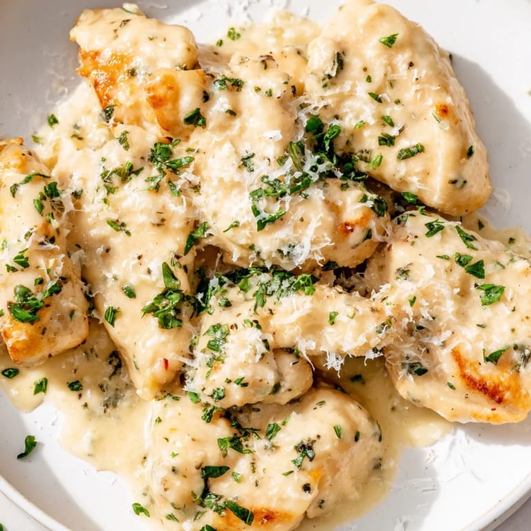 Golden sautéed chicken pieces smothered in creamy garlic sauce, served alongside crusty bread for dipping in this comforting main dish.