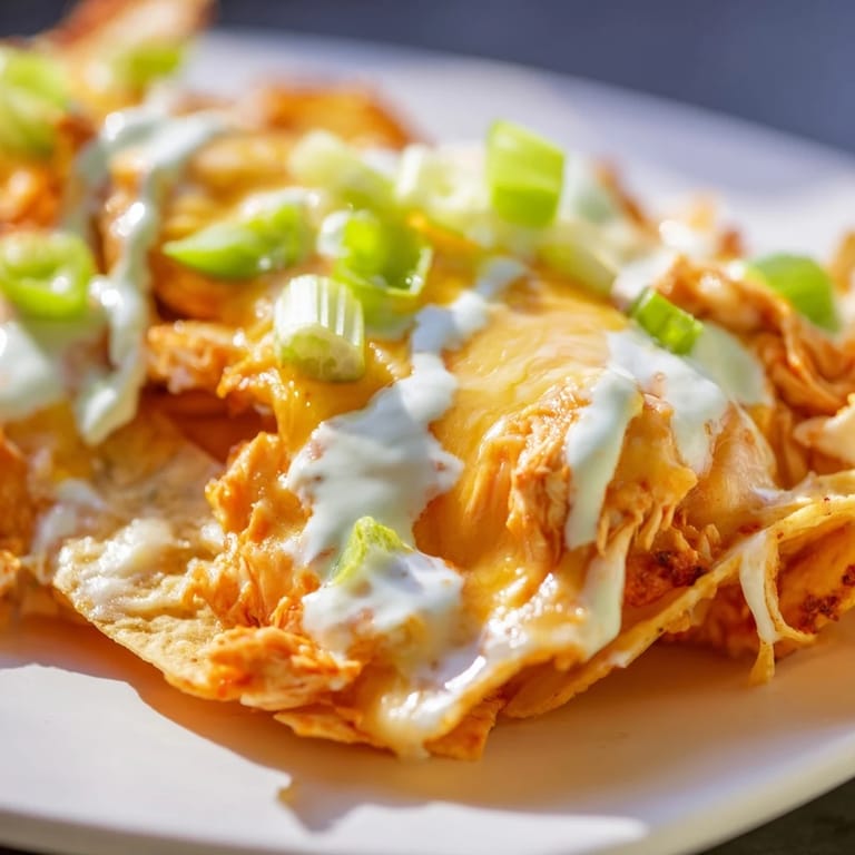 A close-up of Buffalo Chicken Nachos garnished with celery, tomatoes, and cilantro, served hot from the oven.
