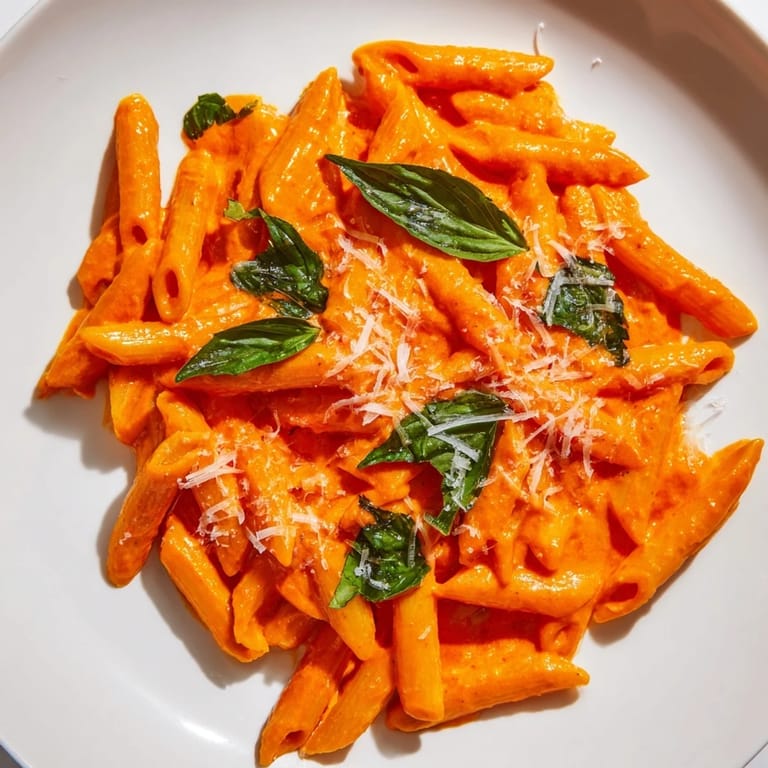 Tender penne tossed in a smooth, roasted red pepper sauce, topped with torn basil and extra Parmesan cheese.