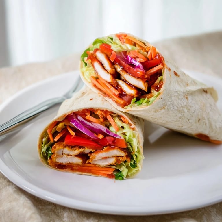 Overhead view of a honey sriracha chicken wrap, rolled tight with julienned carrots and red onion peeking out from the golden-brown tortilla.