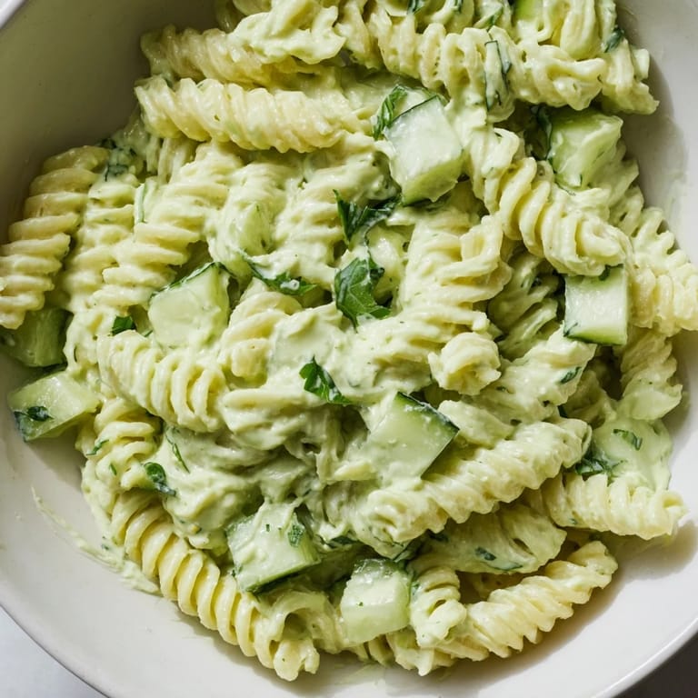 A bowl of Green Goddess Pasta Salad, perfect for a light lunch, featuring tender pasta and a colorful mix of crisp veggies.