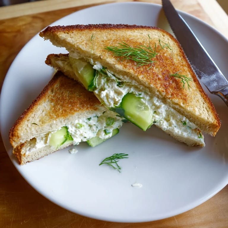 A close-up of a golden grilled cheese showing melted whipped feta, dill, and lemon between toasty slices.