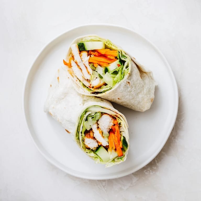 A vibrant, sliced Honey Chili Crunch Chicken Wrap on a plate, revealing colorful fillings and a drizzle of spicy-sweet sauce.