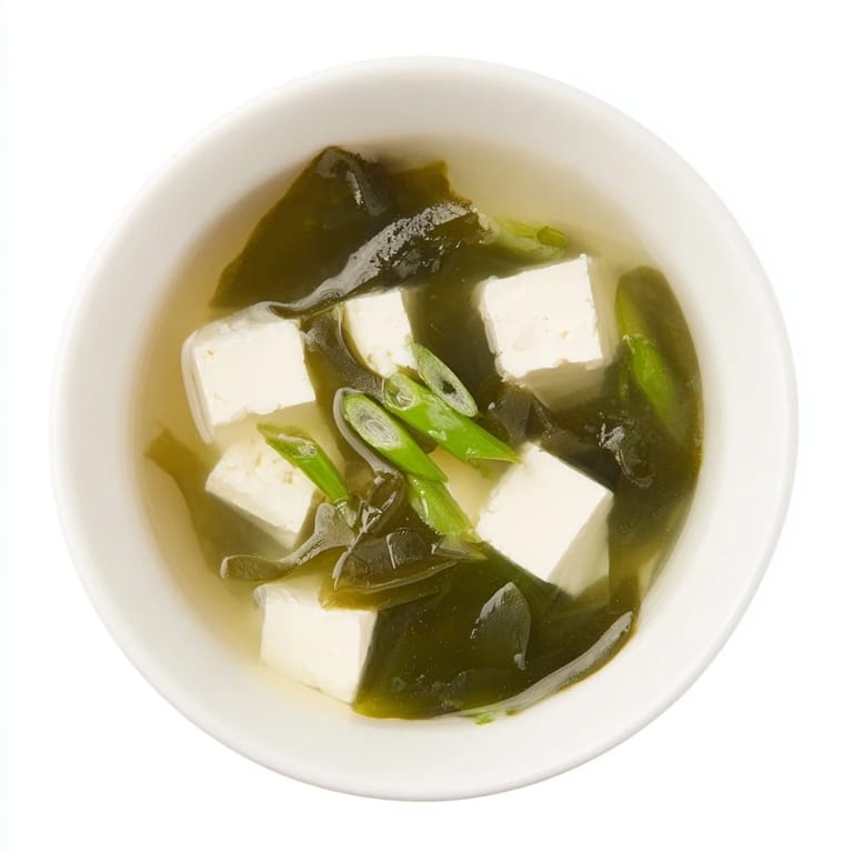 A steaming bowl of homemade Japanese Wakame Soup, featuring rehydrated seaweed, soft tofu, and a light miso-infused broth, perfect as a warming appetizer.  