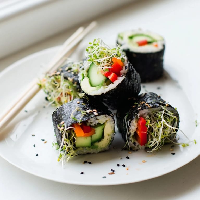 Sliced Nori Rolls with Vegetables arranged on a bamboo mat, highlighting the vibrant carrot, bell pepper, and avocado fillings inside the roasted seaweed.
