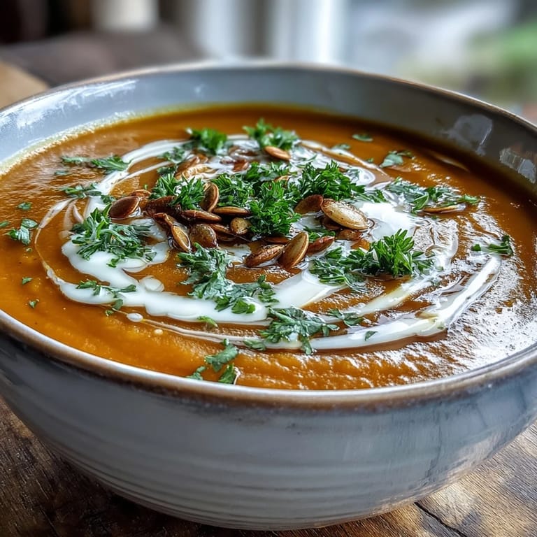 A smooth, golden pumpkin soup, a taste of fall’s rich harvest.