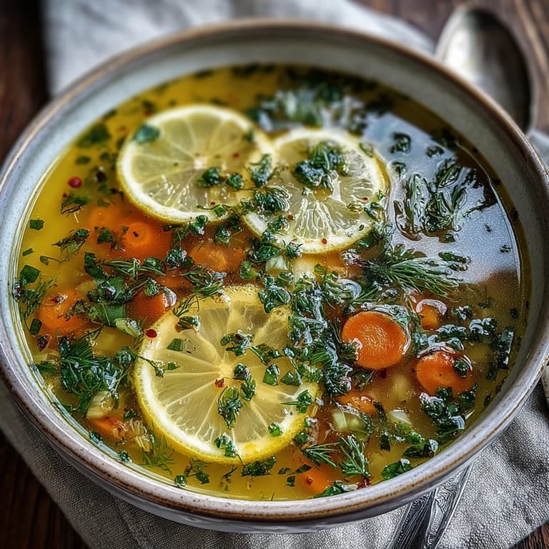 A comforting bowl of Lemon Herb Soup, steaming with delicious citrus dill flavors.