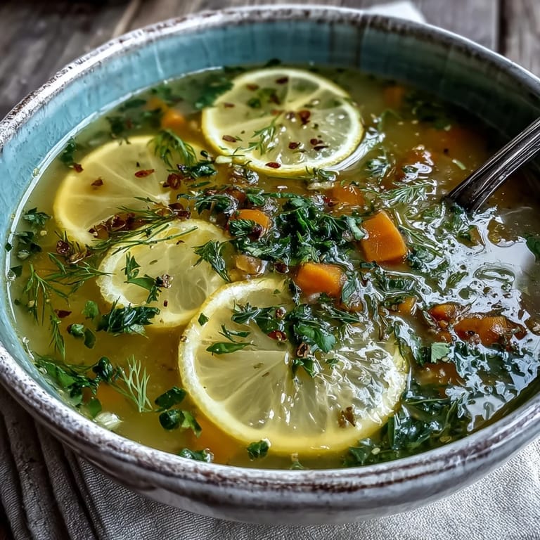 Sunny Lemon Herb Soup ready to serve, garnished with vibrant chopped parsley.