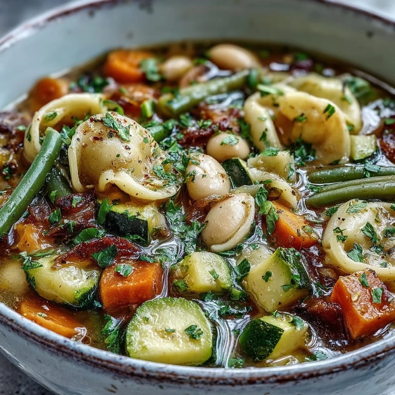 Colorful vegetable minestrone loaded with pasta, beans, and fresh spring vegetables.