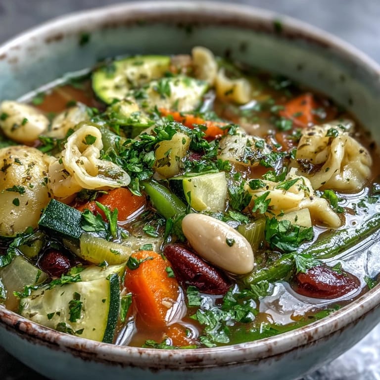 Comforting bowl of vegetable minestrone, perfect with a sprinkle of Parmesan.