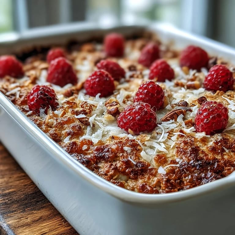 A close-up shows a slice of baked oatmeal with raspberry and coconut, revealing tender oats and toasted coconut flakes.