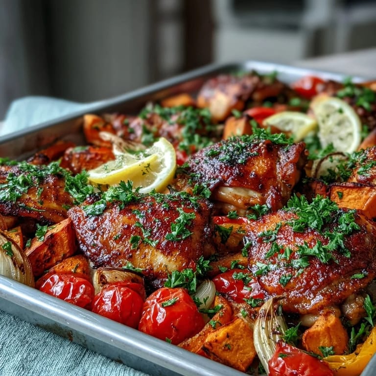 One-pan Chicken and Sweet Potato Traybake with tender roasted vegetables and blistered cherry tomatoes.