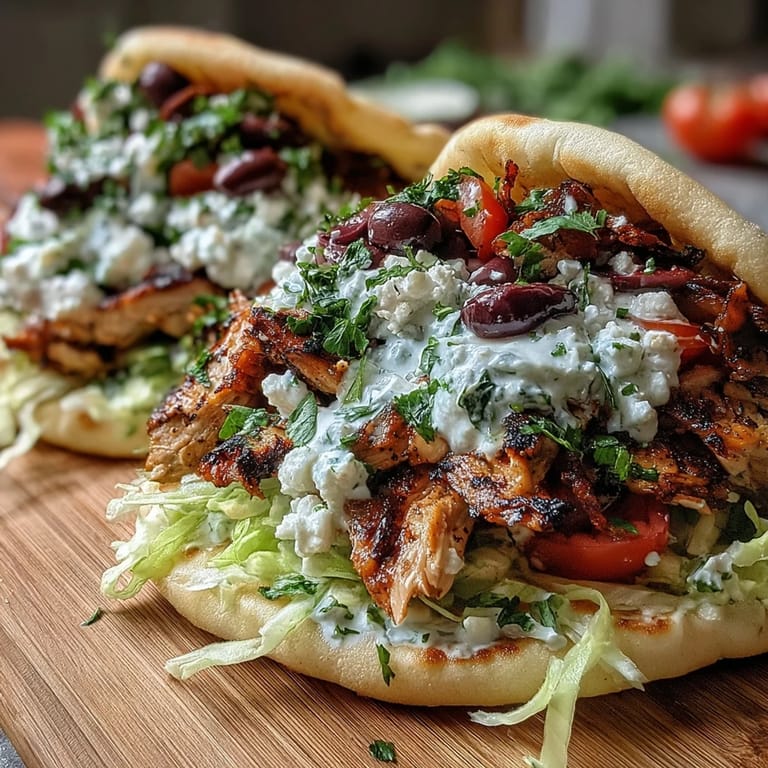 A dollop of creamy feta tzatziki sauce is drizzled over the top for a tangy finish.