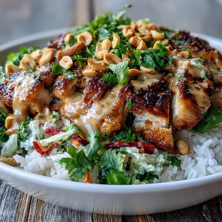 Peanut Chicken Protein Bowl garnished with chopped peanuts and lime wedges, ready for a satisfying meal prep lunch.