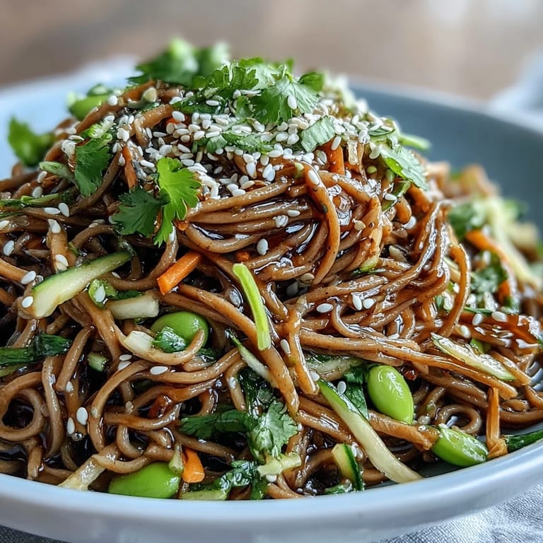 A close-up of a colorful Soba Noodle Bowl featuring noodles, edamame, julienned carrots, and a savory sesame sauce, garnished with cilantro.