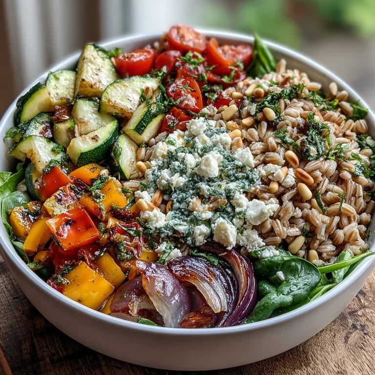 The finished Farro Pasta Bowl topped with crumbled feta cheese, fresh parsley, and toasted pine nuts.