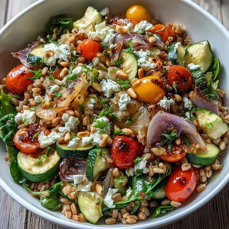 An overhead view of a colorful Farro Pasta Bowl tossed with spinach and a zesty lemon dressing.