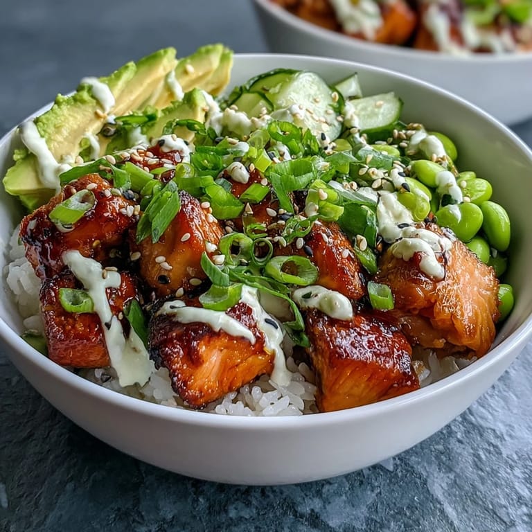 Healthy Salmon Rice Bowl with glazed salmon, edamame, cucumber, and sriracha mayo drizzle served in a white bowl.