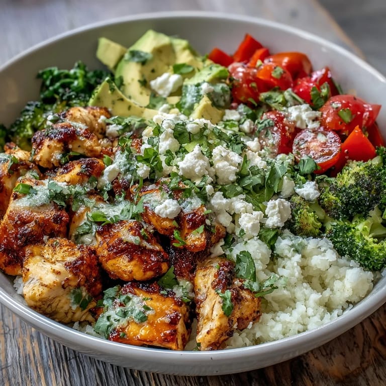 Quick Cauliflower Rice Bowl topped with avocado, herbs, and optional feta cheese crumbles.
