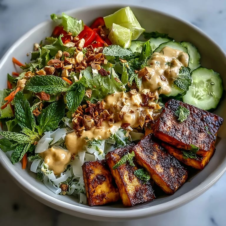 Grilled chicken or tofu rests on a bed of rice noodles and salad greens in this Rice Paper Roll Bowl.