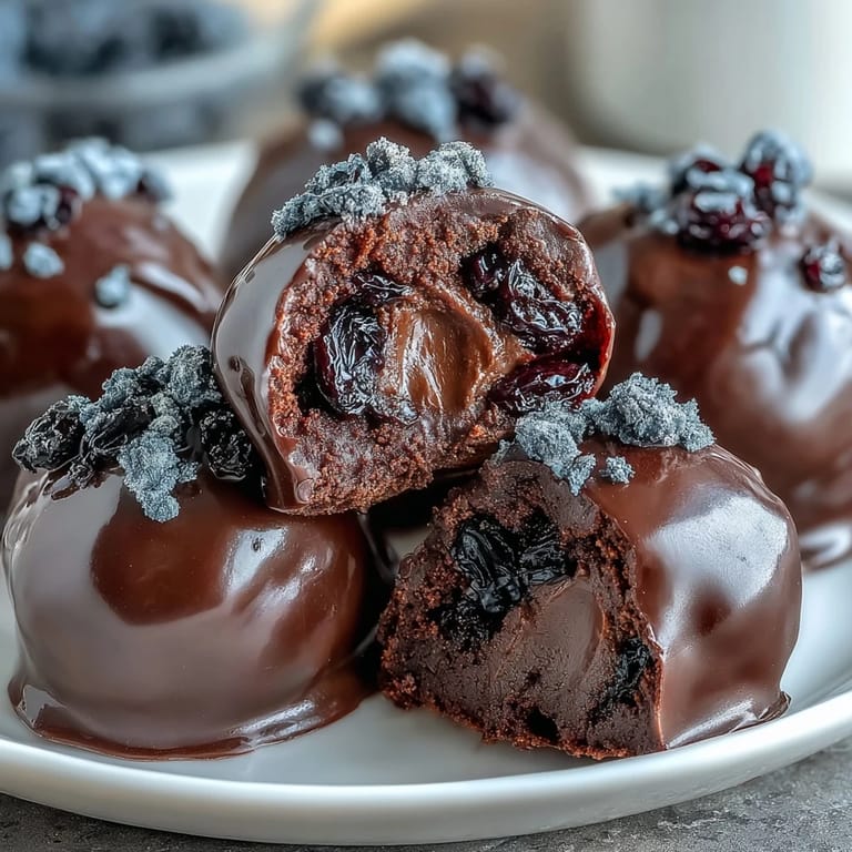 Handmade Black Currant Chocolate Truffles dipped in glossy dark chocolate set on parchment, ready for sweet snacking.