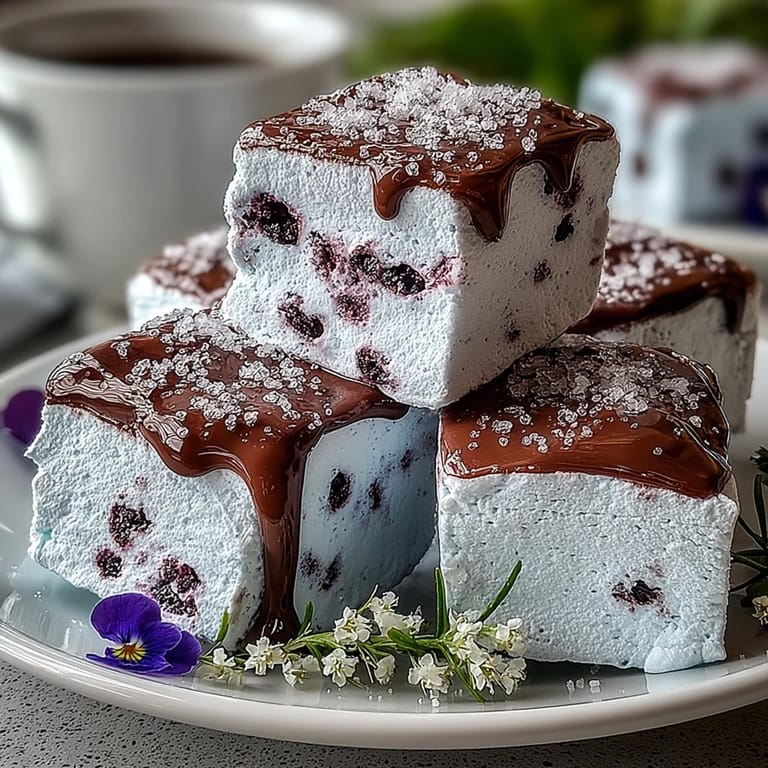 Freshly cut Black Currant Marshmallows showing a soft, pillowy texture, perfect for topping hot cocoa.
