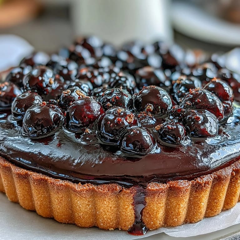 Black Currant Fruit Tart on a dessert plate, ready to serve with a slice cut to show the silky curd filling.