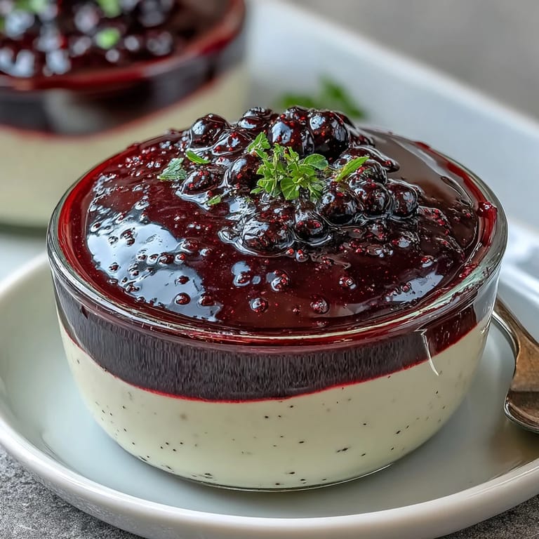 Chilled Black Currant Panna Cotta topped with fresh berries and cream.