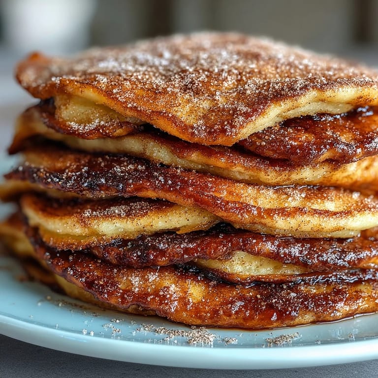 A stack of fluffy Spanish Churro-Inspired Pancakes served on a plate with a drizzle of warm chocolate sauce.