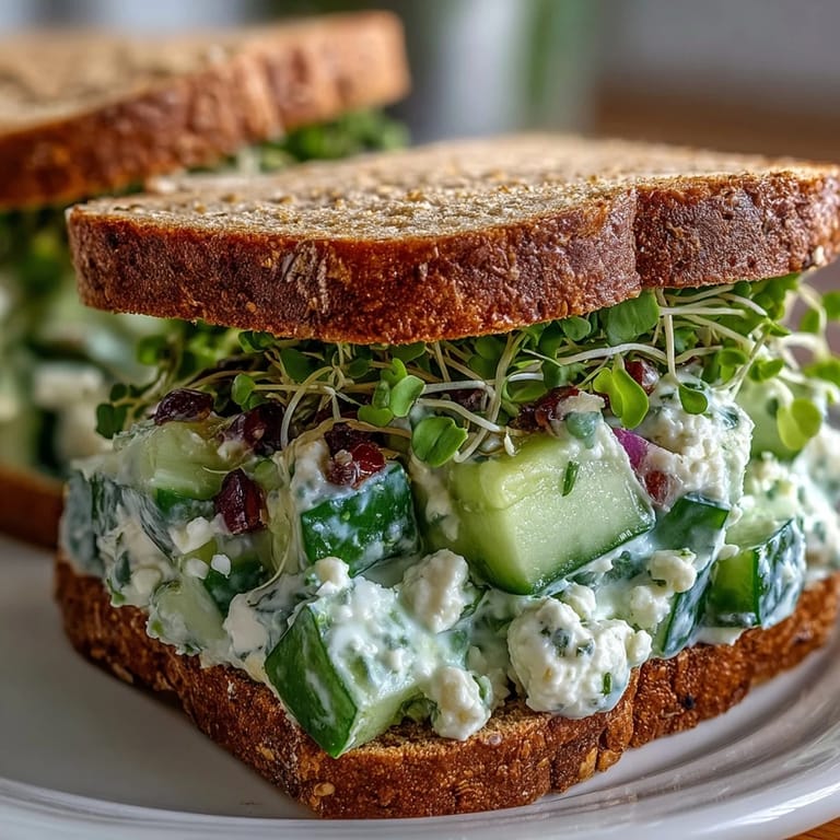 A close-up view shows diced cucumber and feta in Greek yogurt, piled onto whole-grain bread.