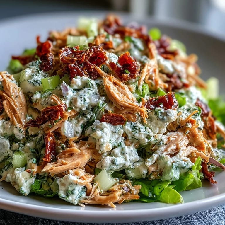 Chopped celery and red onion mixed into a vibrant Sun-Dried Tomato Chicken Salad, scooped with crunchy pita chips.