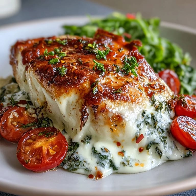 Sliced High Protein Chicken Bake revealing tender meat layered with creamy Greek yogurt, spinach, and tomatoes on a plate.